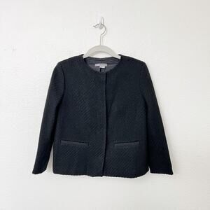 Vince Size 4 Black Wool Blend Tweed Knit Textured Collarless Jacket Jackie O